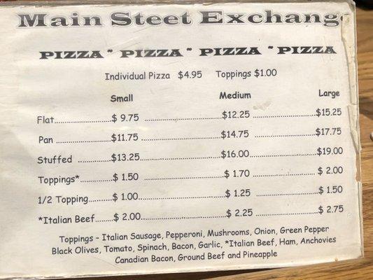 Pizza menu at the bar