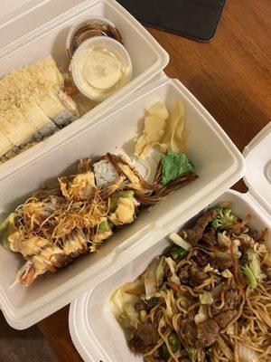 Banana crunch roll, shrimp tempera roll, & beef yakisoba