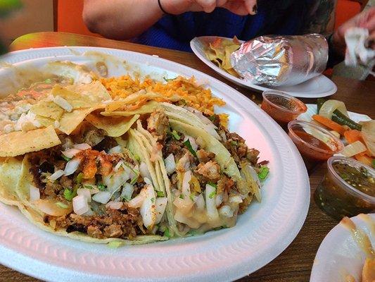 Al pastor 3 taco plate with rice and beans