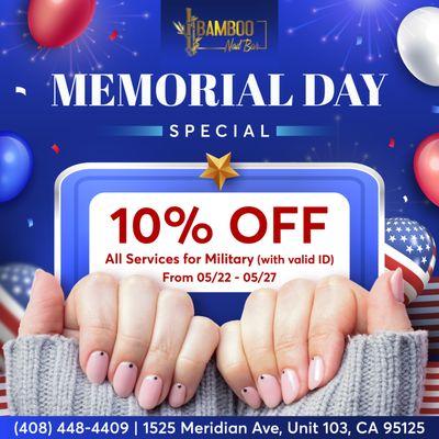 MEMORIAL DAY SPECIAL
10% OFF All Services for Military (with valid ID)
From 05/22 to 05/27

 Whether you're in the mood for a relaxing m