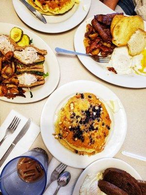 blueberry's white chocolate pancakes, turkey club, eggs, spuds, and toast - the gang's all here!