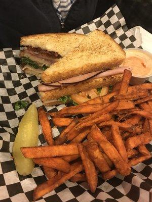 BLT w/sweet potato fries, chili burger and gluten free Reuben sandwich