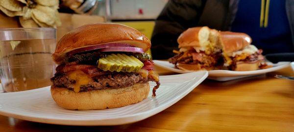 Near is bacon cheddar BBQ burger. Far is nooner.