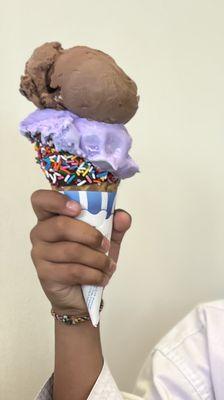 Sprinkle cone with Rocky road and taro ice cream