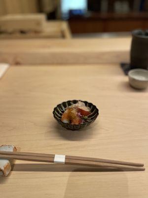 First bite--shrimp, dashi jelly, tuna flakes, tomatoes