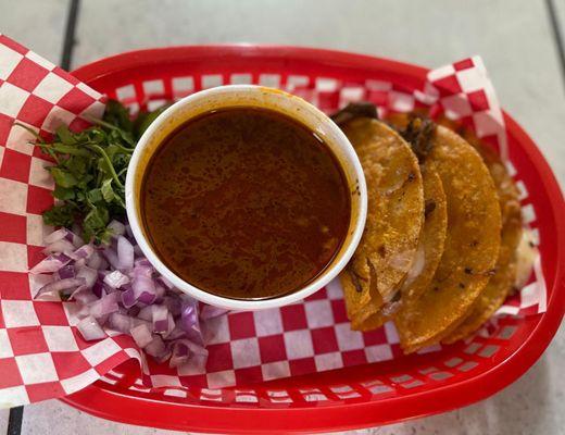 Birria Tacos with beef broth