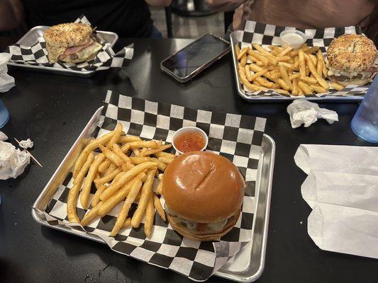 Everything bagel burgers, black and blue burger