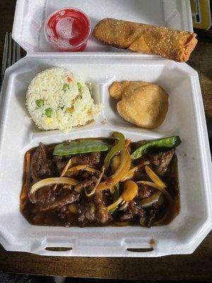 Szechuan Spiced Beef Lunch Combo with fried rice, egg roll and donut.