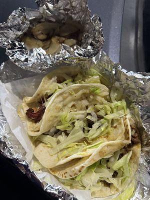 Tacos..3 different kinds. I had a variety with a fajita, chicken and pastor.