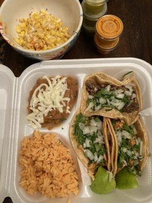 1 steak, 1 pork, and 1 chicken taco. Elote.