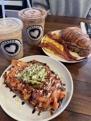 Lox Toast, French toast croissant, Salted Caramel Coconut latte, Dulce de leche latte