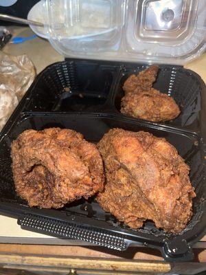 Fried Chicken cooked in old grease. It's supposed to be lighter than this.