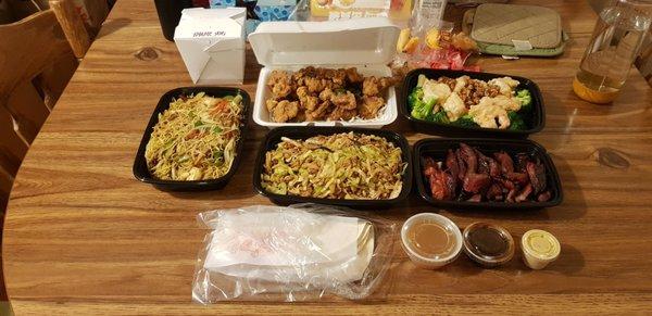 Singapore rice noodles, salt & pepper pork chop,  honey walnut shrimp, pork moo shu - (w/ 5 wraps), boneless ribs