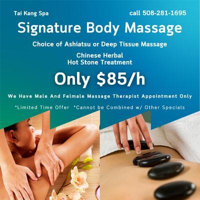 We have professional masseuses and masseurs.
 Appointment Required
 Call us at 508-281-1695