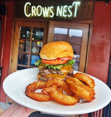 Our smash burger: crispy edges, packed with flavor, and loaded with fresh toppings!