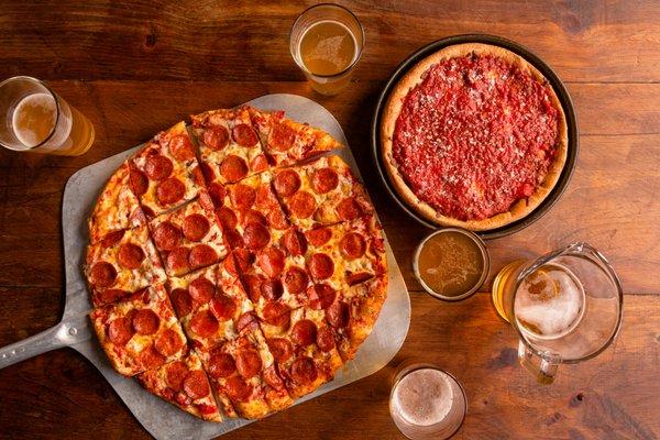 We offer both deep dish pizza and thin crust pizza