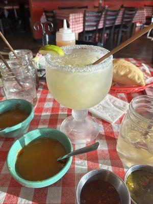 Margarita, sample of Green Chile Stew, and sopapillas!