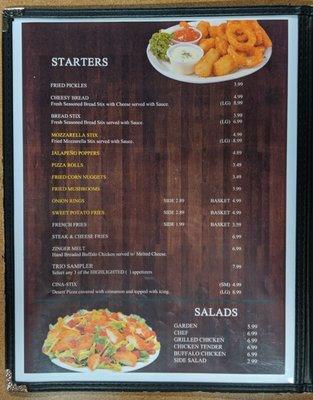 Menu starters and salads