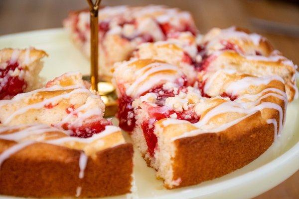 Gramma Dee's dark cherry kuchen, a sweet cake with streusel and royal icing