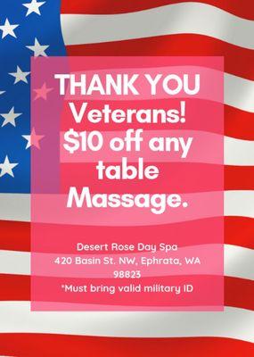 Thank you for your service. $10 off a Relaxation Massage with valid veteran ID.