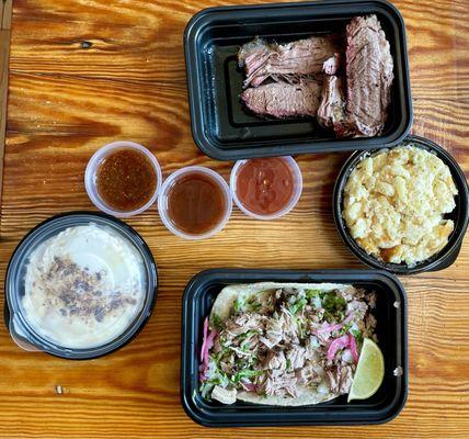 Prime Beef Brisket - 1/4 lb., Mac-n-Chz, Chopped Cheshire Pork Taco, Banana Pudding