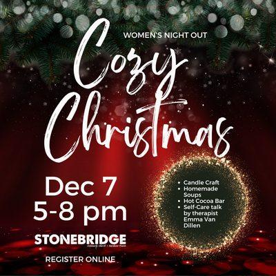 GNO Cozy Christmas
Register here: https://stonebridgedp.churchcenter.com/registrations/events/2610531