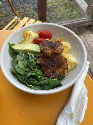 Breakfast bowl with golden potatoes on top!