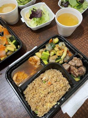 Hibachi filet mignon & Salmon, fried rice, Miso Soup & house salad with ginger dressing