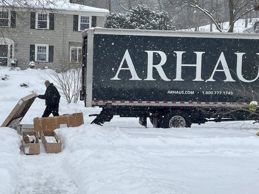 No matter rain, nor snow .... Arhaus delivers no matter Winter storms! Friendly, efficient, talented delivery/set-up crew!