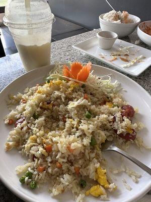 Fried rice with sausage and delicious mango boba tea