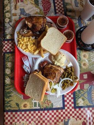 Chicken, sausage, brisket, Mac & cheese, fries, potato salad, and green beans