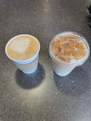 A small hot latte and the featured vanilla cookie iced latte.