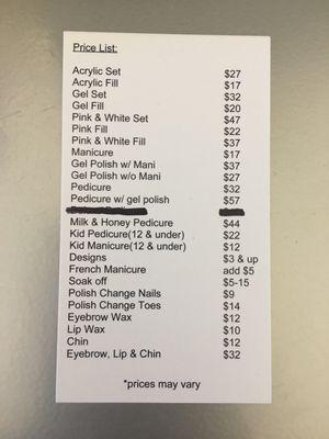 Price list from business card.