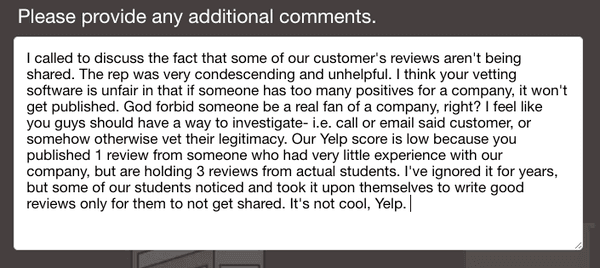 Yelp doesn't publish all reviews. Check Google and Facebook for more real reviews.