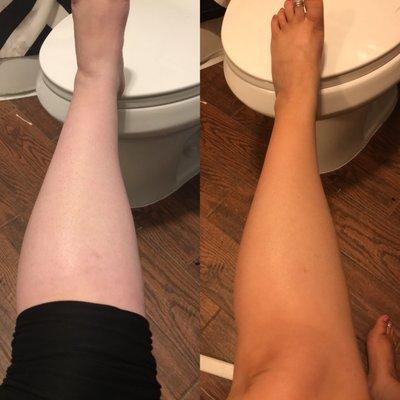 Before and after spray tan. It was my first time here and I was skeptical about getting the level 4, but look how amazing my tan came out!