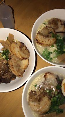 Tonkotsu Ramen (right two bowls) and Spare Rib Abura Soba (left bowl)