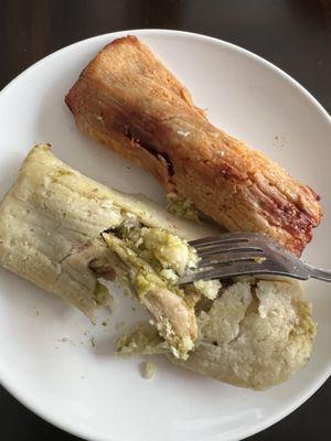 Spicy chicken tamale (green sauce) Pork tamale (red sauce)