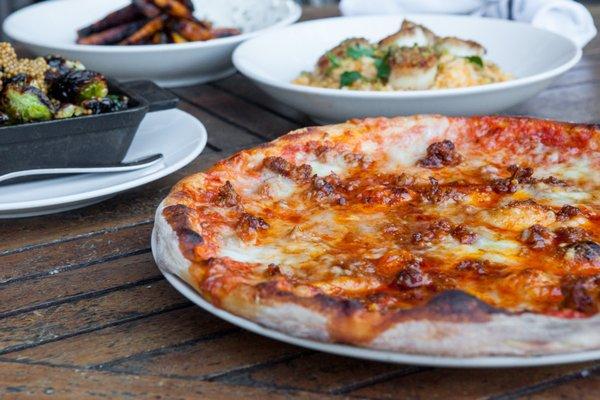 Spicy Sausage and Black Pepper Honey Pizza, Scallops and Brick Oven Brussels Sprouts