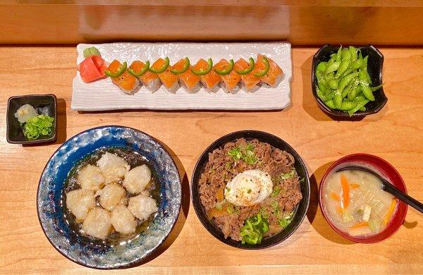 agedashi mochi, Gyu don (with miso soup), HOT MAMA, edamame (08/2022)