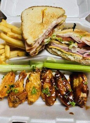 French Fries, Ham or Turkey club w/Signature "str8 drop sauce" wings