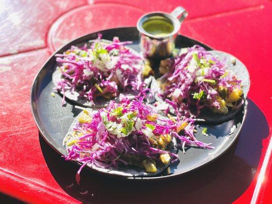 Mix and match tacos - green chili, nopales, calabacita (zucchini)