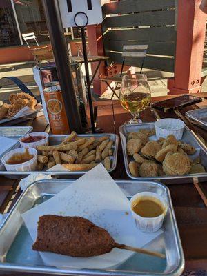 Corndog, fried pickles, french fried, and onion rings.