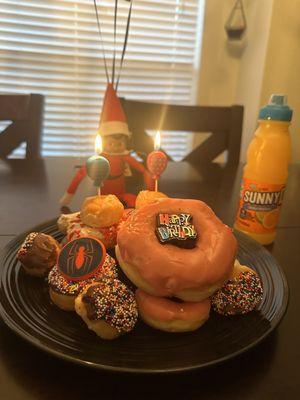 Strawberry ring donut, mini donuts and donut holes.