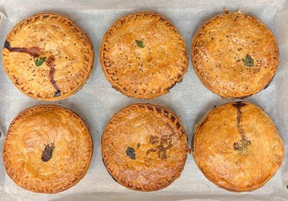 Top row: Classic Chicken Pot Pies Bottom row: Steak & Ale (fave), Green Hog & Cheese (least fave), Veggie Pot Pie