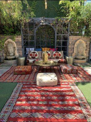 Moroccan kilim rugs, poufs, floor cushions, brass tables, specialty party furniture rentals, benches, lounges. 424.542.4200