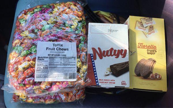 Two 2.2lb bag of fruit chews, 1box of Nutyy, 1 box of wafers = $12!!'nn