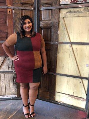 Sommer from Grand Rapids, MI, wearing the lux faux suede dress Tempo in Scarlet.