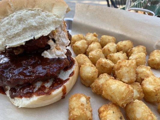 Gochu chicken sandwich with pimento cheese & tots