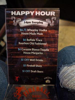 Happy Hour drink menu.