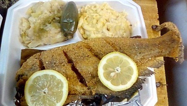 Whole Catfish w/ mac & cheese & cabbage